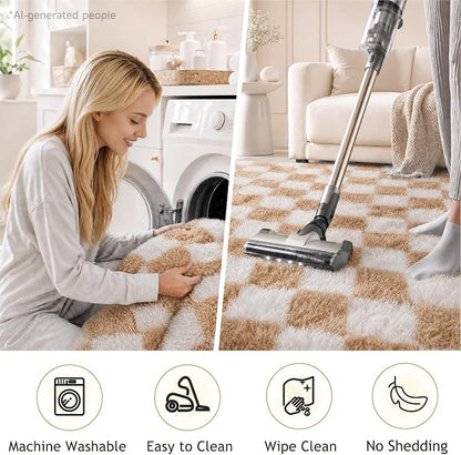 Ophanie Checkered Beige & White Rug for Living Room Bedroom,Fluffy Soft Cute Fuzzy Area Rugs,Shag Plush Shaggy Bedside Floor 4x6 Furry Carpet Kids Baby Teen Dorm Decor with Over 99 pcs Pile fibers