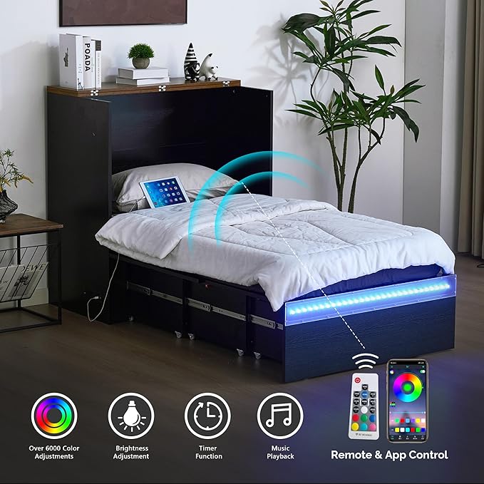 VINGLI Twin Size Murphy Bed with LED Lights, Storage Drawer & Built-in Charging Station, Space-Saving Cabinet Bed for Kids,Adults & Guests,Classic Black