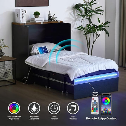 VINGLI Twin Size Murphy Bed with LED Lights, Storage Drawer & Built-in Charging Station, Space-Saving Cabinet Bed for Kids,Adults & Guests,Classic Black
