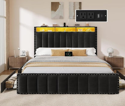 YITAHOME Queen Size Bed Frame with 4 Storage Drawers and RGB LED Lights, Velvet Upholstered Platform Bed with Charging Station and Storage Headboard, No Box Spring Needed, Easy Assembly, Black