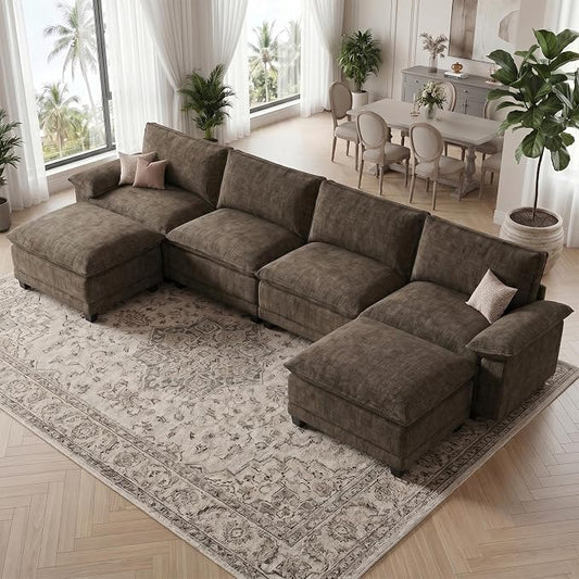 Modern U Shaped Sofa Couches for Living Room, Modular Sectional Cloud Couch with Movable Ottoman, Comfy Chenille Sofa for Apartment and Small Space, Taupe