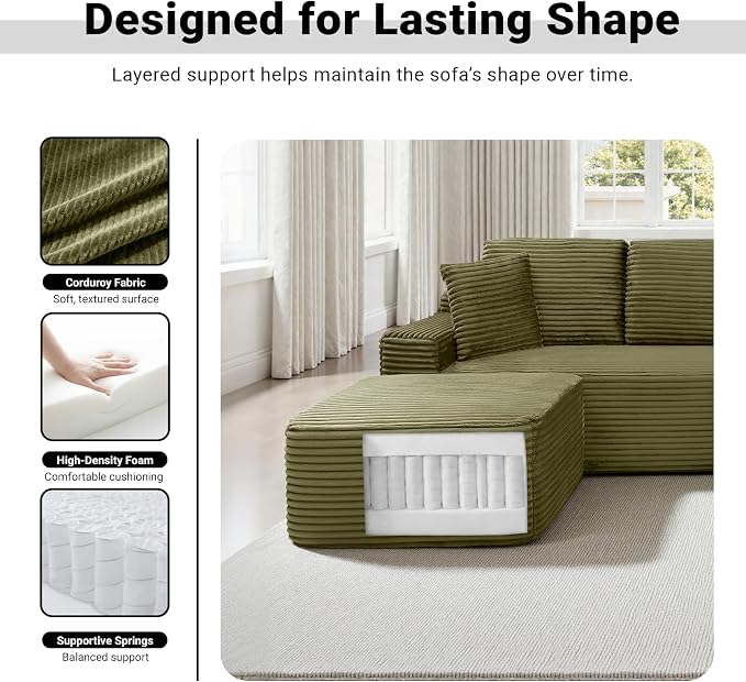 ivoros 111 Inch Modular Sectional Sofa Couch, Oversized Modern Cloud Couch for Living Room, L Shape Couches with Ottomans, USB Ports and Cup Holders, Green Corduroy Boneless Sofas, Sofa in a Box