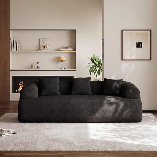 91" Boneless Couch,Cloud Couch,Chenille Curved Sofa with 3 Seater and 3 Pillows, Modern Compression Sofa for Living Room, Bedroom and Apartment, No Assembly Required, Black
