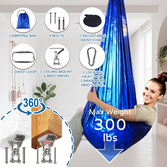 Sensory Swing for Kids and Adults Indoor & Outdoor Double Layer Therapy Cuddle Holds up to 300lbs Adjustable Hammock Chair with 360° Swivel Hanger Kit Effect for Aspergers Autism ADHD(Ocean Blue)