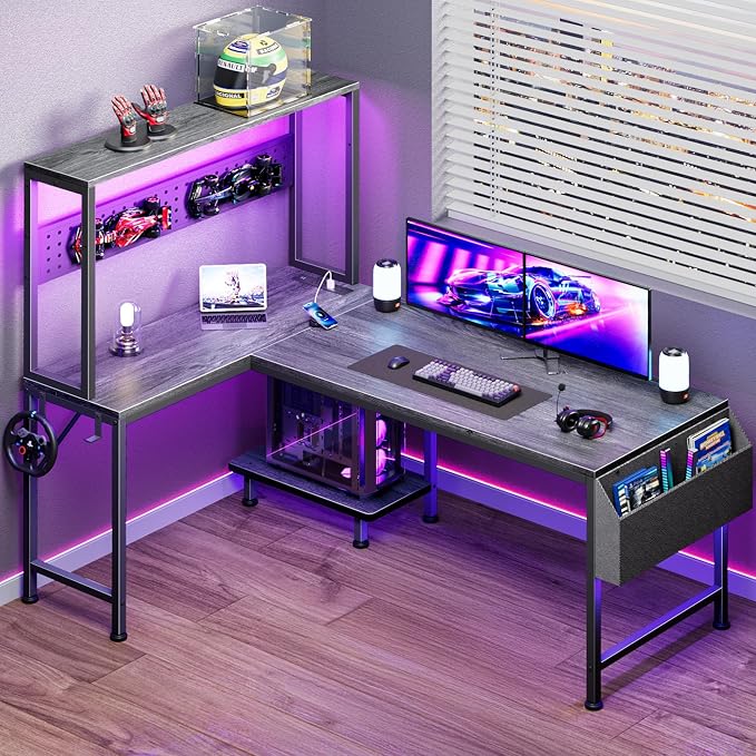 PRAISUN L Shaped Gaming Desk with LED Lights & Power Outlets, Reversible Computer Desk with Storage Shelves & Bag, Large Corner Home Office Desk with Pegboard for Work from Home, Grey