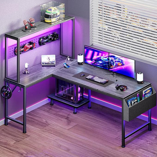PRAISUN L Shaped Gaming Desk with LED Lights & Power Outlets, Reversible Computer Desk with Storage Shelves & Bag, Large Corner Home Office Desk with Pegboard for Work from Home, Grey