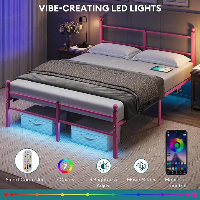 Queen Size Bed Frame with Headboard - Metal Platform Bed with LED Lights, Charging Station, Under Bed Storage and Heavy Duty Steel Slats Support - No Box Spring Needed, Easy Assembly, Pink