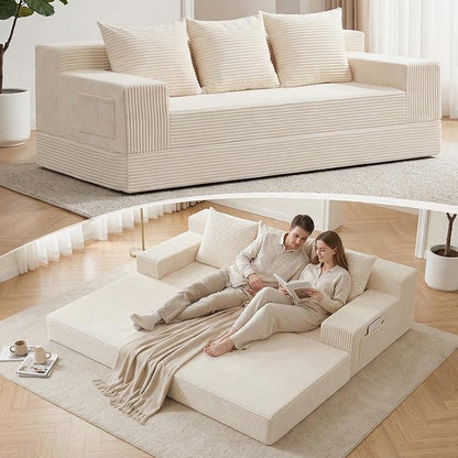 78.5” Convertible Sofa Bed,Corduroy 3 Seater Boneless Couch Bed Futon,Fold Out Couch with 3 Pillows,Loveseat Sleeper with Pull Out Bed for Living Room, Guest,Bedroom,Beige