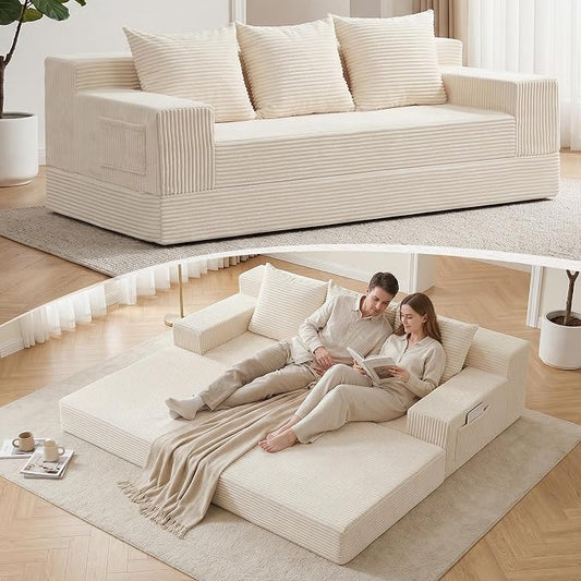 78.5” Convertible Sofa Bed,Corduroy 3 Seater Boneless Couch Bed Futon,Fold Out Couch with 3 Pillows,Loveseat Sleeper with Pull Out Bed for Living Room, Guest,Bedroom,Beige