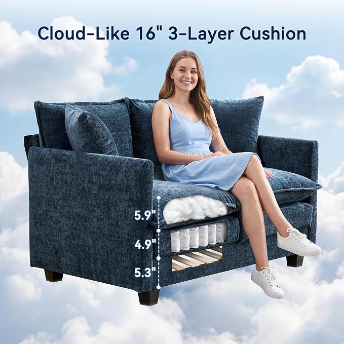 Loveseat Sofa Couch, Small Mini Compact 50" Love Seat 27" Deep Cloud Sofa Seat Washable Chenille Pillow for Apartment Bedroom Dorm Attic Studio Office Living Room Small Space 8833-BLUE