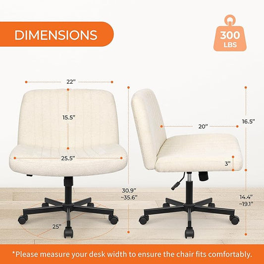 Orange Factory Criss Cross Chair Wheels Wide Cross Legged Office Desk Vanity Chair Comfy Fabric Armless Adjustable Swivel for Home Computer Task (Beige Wheel, Fabric)