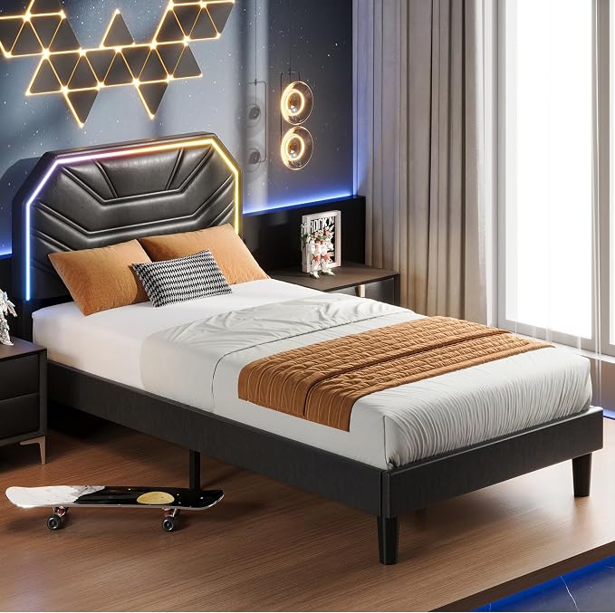 LIKIMIO Twin XL Bed Frames with LED Light Headboard, Upholstered Modern Cama Twin XL Platform Bed Frame with Heavy Duty Supports, No Box Spring Need, Noise Free, Easy Assembly, Black