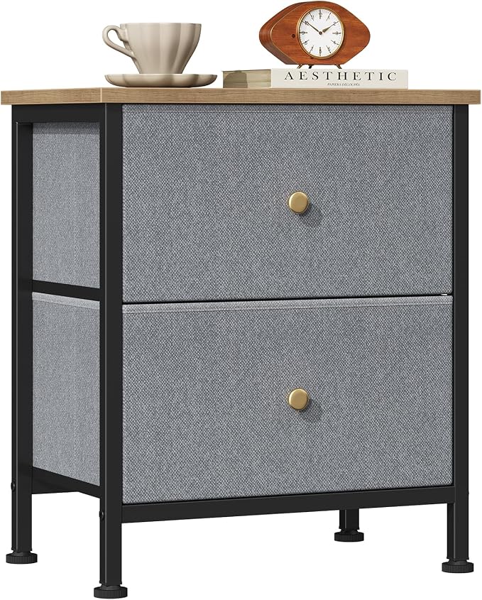 Sweetcrispy Nightstand with 2 Storage Drawers, Small Bedside Table, Blue | 20" Height End Table, Wooden Top Fabric Cabinet for Bedroom, Furniture, Closet, College Dorm