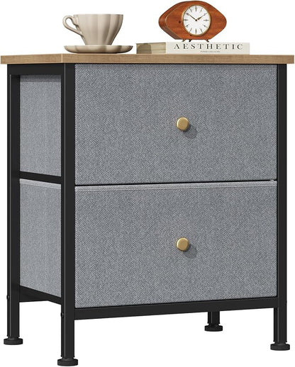 Sweetcrispy Nightstand with 2 Storage Drawers, Small Bedside Table, Blue | 20" Height End Table, Wooden Top Fabric Cabinet for Bedroom, Furniture, Closet, College Dorm