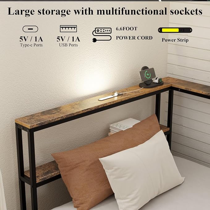 Bellemave Twin Corner Bed Frame with Desk and Storage, Twin Size Corner beds with Charging Station and LED Light, Wood Daybeds with L-Shaped Bookcase and Drawers, Black+Brown