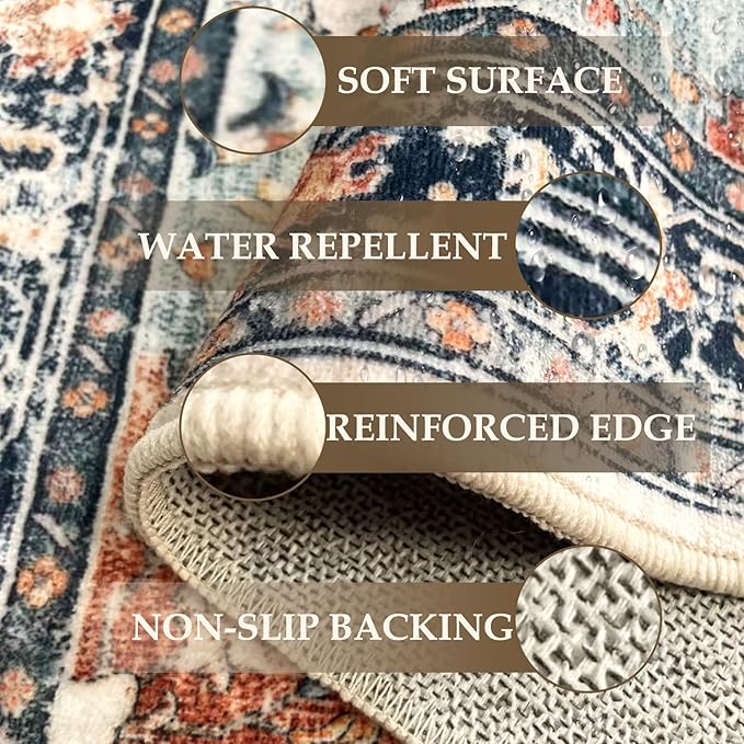 RELEANY Area Rugs Runner 2'x8' Washable Non-Slip, Floral Vintage Distress Medallion Carpet for Kitchen Hallway Bedroom Beside Laundry Room Bathroom, Beige Navy Blue Orange Colorful