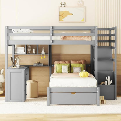 Ball & Cast Full Over Twin Bunk Bed with Safty Guardrail & Storage Stair,Wood Loft Bedframe W/Drawers & Shelves,Desk,Space-Saving,Easy Assembly,Versatile Furniture for Boys Girls Teen Bedroom,Gray