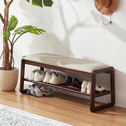 Achicsofar Shoe Rack Bench,2 Tier Solid Wooden Entryway Bench with Shoe Storage, Shoe Rack with Cushion for Living Room, Hallway(Pu Beige, 39.4")