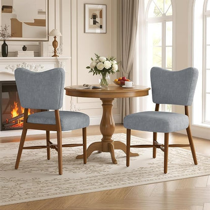 Farmhouse Dining Chairs Set of 2, Linen Seat, Wood Legs, Gray | Mid Century Modern, Upholstered Padded Cushion, Solid Wood Cross-Brace, Easy 15-Min Assembly, Kitchen Dining Room