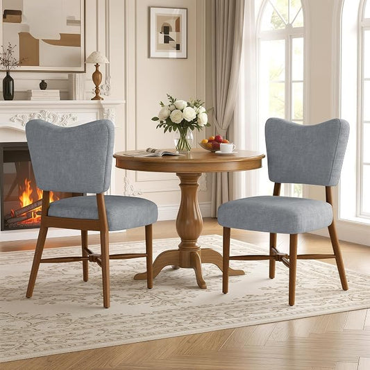 Farmhouse Dining Chairs Set of 2, Linen Seat, Wood Legs, Gray | Mid Century Modern, Upholstered Padded Cushion, Solid Wood Cross-Brace, Easy 15-Min Assembly, Kitchen Dining Room