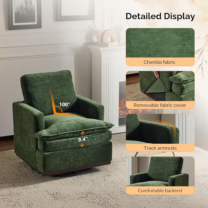 VINGLI 360° Swivel Accent Chairs Set of 2 with Double-Layer Seat Cushions, Comfy Single Square Sofa Armchairs, Upholstered Club Chairs for Living Room,Bedroom, Reading Room, Chenille Green
