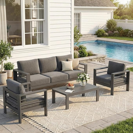 Solaste Aluminum Patio Furniture Set for All Weather, Oversized Metal Outdoor Furniture Set with 27.5" Deep Seating and 3.2" Wide Armrest, Patio Conversation Set with 5" Cushion, Black and Grey