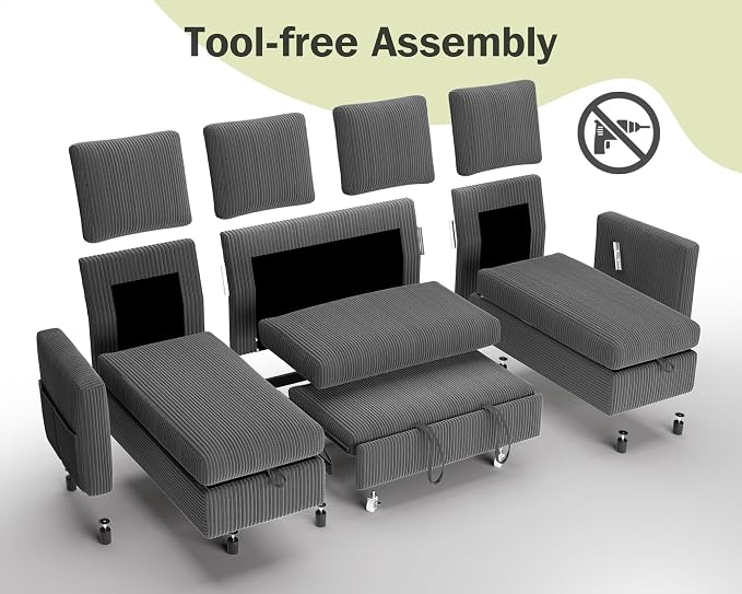 Vipbear 104" Sectional Sleeper Sofa Bed with Pull Out Bed, U Shaped Couch Pull Out Couch with Reclining Backrest, Reversible Storage Chaise, USB Ports, Tool-Free Assembly, Corduroy Grey