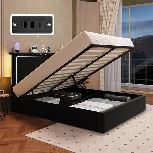 Allewie Queen Size Lift Up Storage Bed Frame with Charging Station & LED Lights, Adjustable Velvet Upholstered Storage Headboard, Type-C & USB Ports, Hydraulic Support, No Box Spring Needed, Black