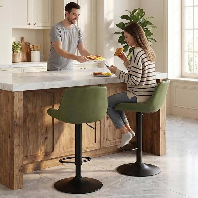 YOUTASTE Olive Green Bar Stools Set of 2, Mid-Century Modern Counter Height Stools for Kitchen Island, Faux Leather Upholstered, Swivel, Adjustable, Bar Chairs with Black Metal Base for Home Bistro