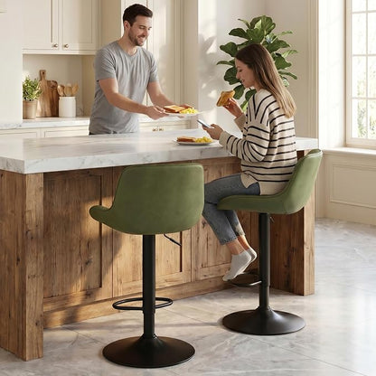 YOUTASTE Olive Green Bar Stools Set of 2, Mid-Century Modern Counter Height Stools for Kitchen Island, Faux Leather Upholstered, Swivel, Adjustable, Bar Chairs with Black Metal Base for Home Bistro