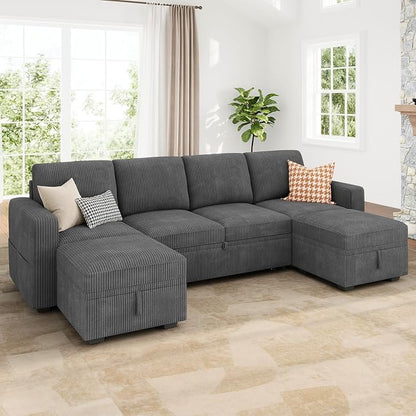 HONBAY Modular Sectional Sleeper Sofa Bed, Corduroy Pull Out Couch with Storage Ottoman, U Shaped Sectional Couches for Living Room, Dark Grey