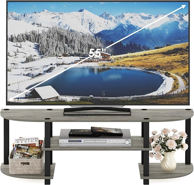 Furinno TURN-S-TUBE TV Stand, 3-Tier Entertainment Center for TV up to 55 Inch, TV Console with Round Corner and Open shelves, for Living Room, Bedroom, French Oak