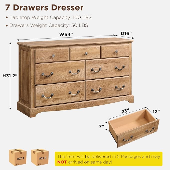 T4TREAM Farmhouse Dressers & Night Stand Set of 3, 54" Wide 7 Drawer Dresser & 18" Wide 2 Drawers Side Table Set of 2, Furniture Dresser Sets for Home, Light Knotty Oak