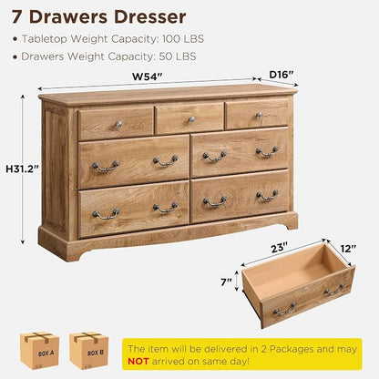 T4TREAM Farmhouse Dressers & Night Stand Set of 3, 54" Wide 7 Drawer Dresser & 18" Wide 2 Drawers Side Table Set of 2, Furniture Dresser Sets for Home, Light Knotty Oak