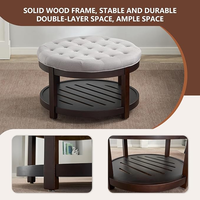 adochr Round Coffee Tables for Living Room,33’’ Storage Ottoman with Wooden Tray, Upholstered Ottoman Footrest Light Grey