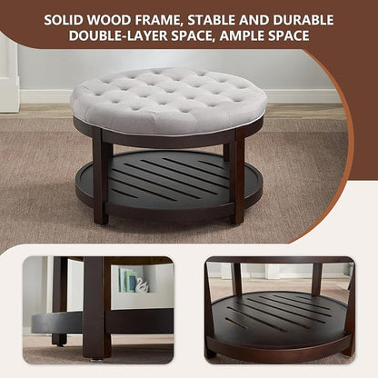 adochr Round Coffee Tables for Living Room,33’’ Storage Ottoman with Wooden Tray, Upholstered Ottoman Footrest Light Grey