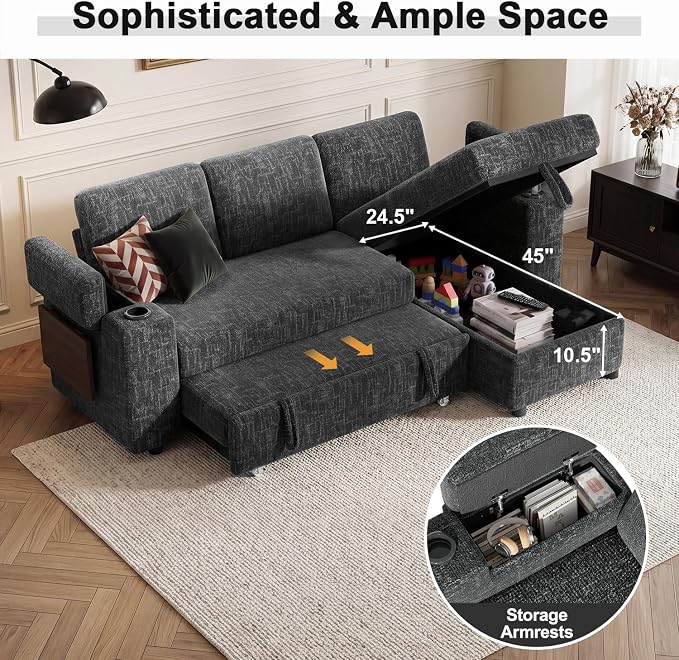 Vipbear Premium 86" Modular Sectional Sleeper Sofa, 3 Seat Chenille Sleeper Sofa with Pull Out Bed for Living Room, L Shaped Couch with Storage Chaise&Armrests|USB Ports|Cup Holders|Side Table, Grey