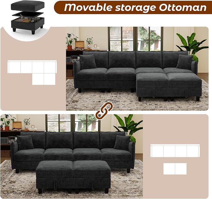 WorthFurni 112" Modular Sectional Sofa U Shape Couches with Storage Ottoman and Washable Cushion Cover for Living Room, Bedroom, Apartment(Black)