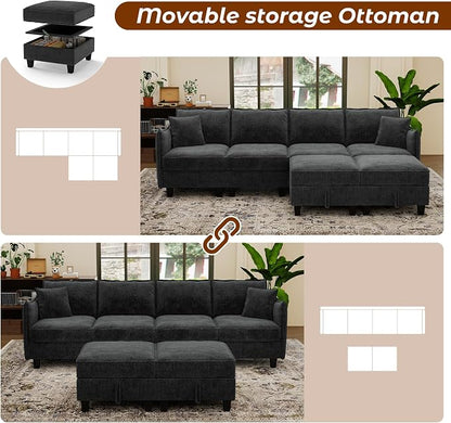 WorthFurni 112" Modular Sectional Sofa U Shape Couches with Storage Ottoman and Washable Cushion Cover for Living Room, Bedroom, Apartment(Black)