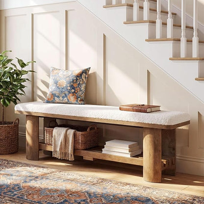 Tribesigns Entryway Bench with Storage, 62.9-Inch Wooden Upholstered Shoe Bench with Faux Lamb Wool Cushion and Shoe Rack for Living Room Hallway