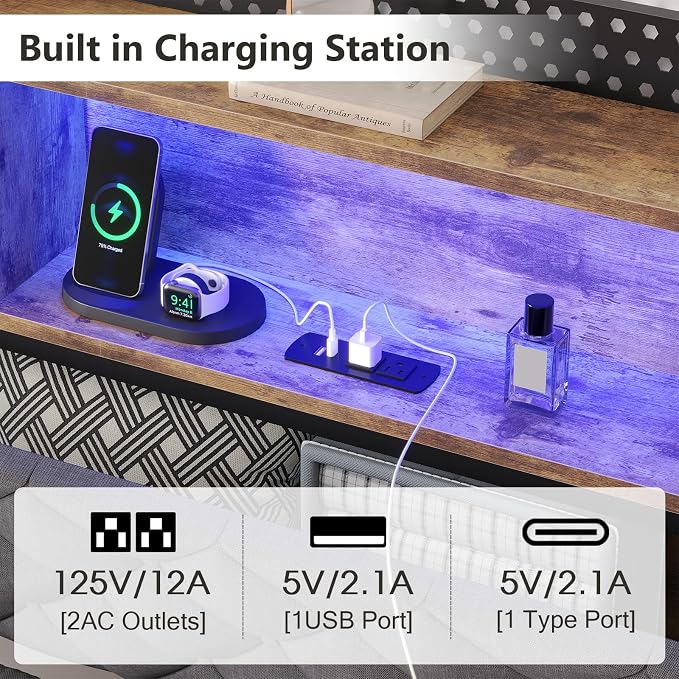 Dnxao King Size Bed Frame with Storage and Upholstered Headboard,Heavy Duty Metal Platform Bed with LED Lights,Charging Station & Hidden Shelves,Noise-Free,No Box Spring Needed,1200lbs,Gray
