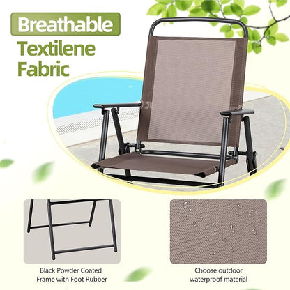Vongrasig 6 Pieces Folding Patio Dining Set, All Weather Small Metal Outdoor Table and Chairs Set, Patio Furniture Set w/Umbrella, Glass Table & 4 Folding Chairs for Garden, Lawn, Backyard, Brown