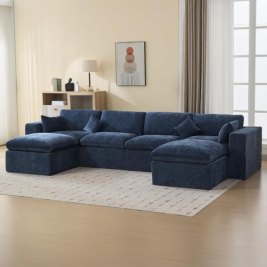 146''Cloud Boneless Sectional Couch, Modular Sectional Sofa Deep Seat with 2 Ottomans, Oversized Upholstered Convertible Comfy 6 Seater Chenille Sofa U Shape Couches for Living Room, Navy