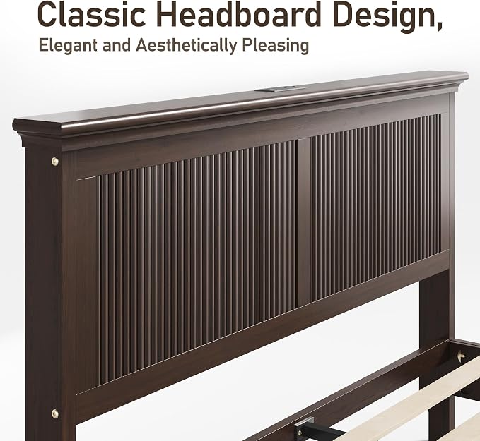 Lifezone Wood Queen Bed, Solid Wood Bed With Tall Headboard, American Vintage Design, Queen Bed With Charging Station & RGB LED, Wood Slats Support, Noise-Free, Sturdy Structure, Easy Assembly, Walnut
