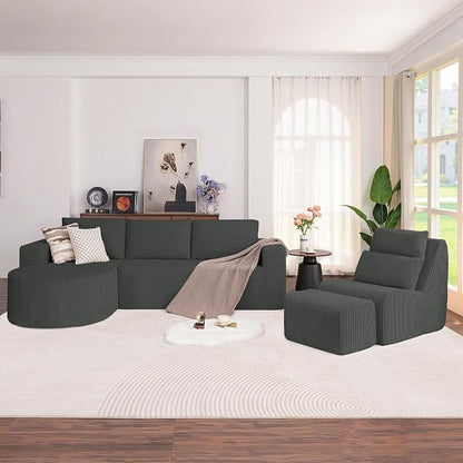 104.92" L-Shaped Corduroy 3 Piece Sofa Set with Single Lounge Chair & Ottoman, Modular Compressed All Foam Couch, Freely Movable Footrest, Minimalist Large Living Room Furniture