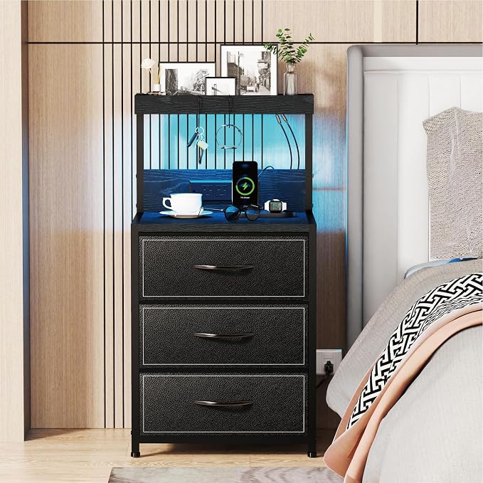 SZLHANJZ LED Nightstand Set of 2, Night Stand with 3 Drawers and Type C Charging Station, Storage End Table with Shelf and Hooks, Large Bedside Table for Dorm Bedroom, Black