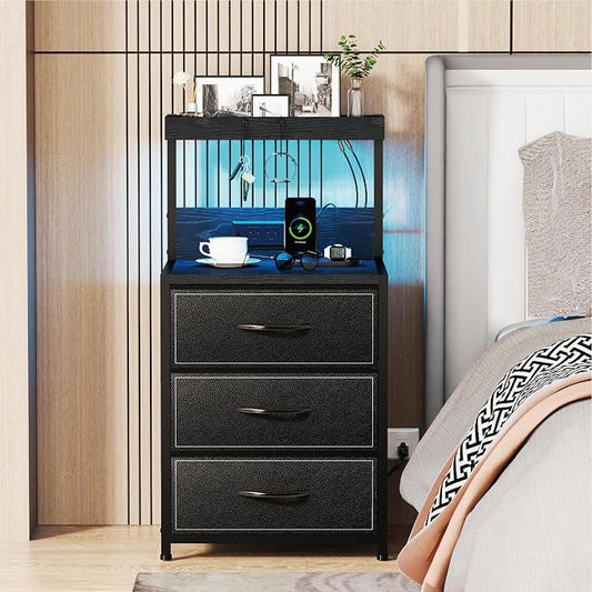 SZLHANJZ LED Nightstand Set of 2, Night Stand with 3 Drawers and Type C Charging Station, Storage End Table with Shelf and Hooks, Large Bedside Table for Dorm Bedroom, Black
