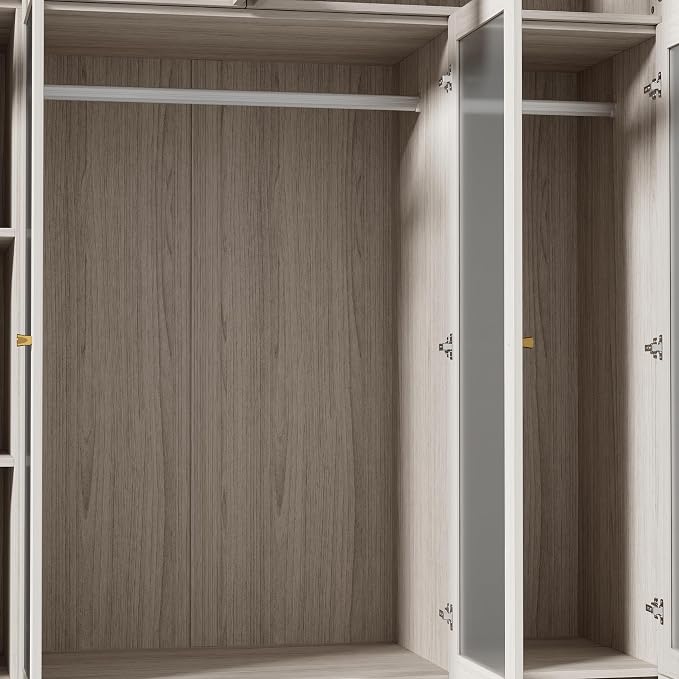 Modern Almirah for Clothes, Large Tall Storage Closet Cabinet with Frosted Tempered Glass Doors and Shelves, Standing Armoire Clothes Closet with Storage Drawers for Bedroom,Light Wood Grain