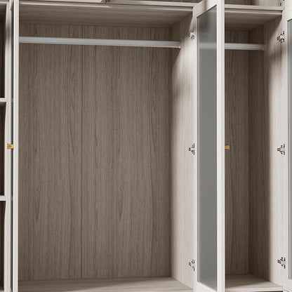 Modern Almirah for Clothes, Large Tall Storage Closet Cabinet with Frosted Tempered Glass Doors and Shelves, Standing Armoire Clothes Closet with Storage Drawers for Bedroom,Light Wood Grain