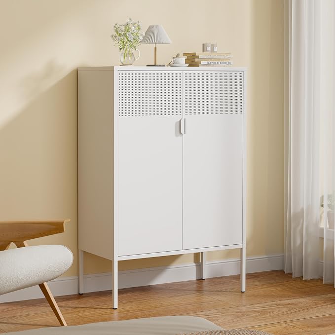 47''H White Metal Storage Cabinet with 2 Adjustable Shelves, 2 Door Accent Cabinet, 3-Tier Metal Locker with Vent Hole, TV Stand for Entryway, Home Office, Music Studio, Home Office